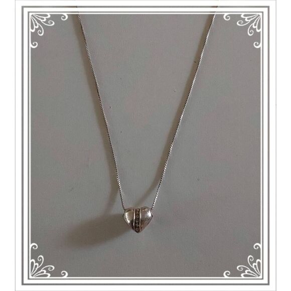 Beautiful Vintage Sterling Silver Puffed Heart & Simulated Diamond Necklace - Picture 1 of 2
